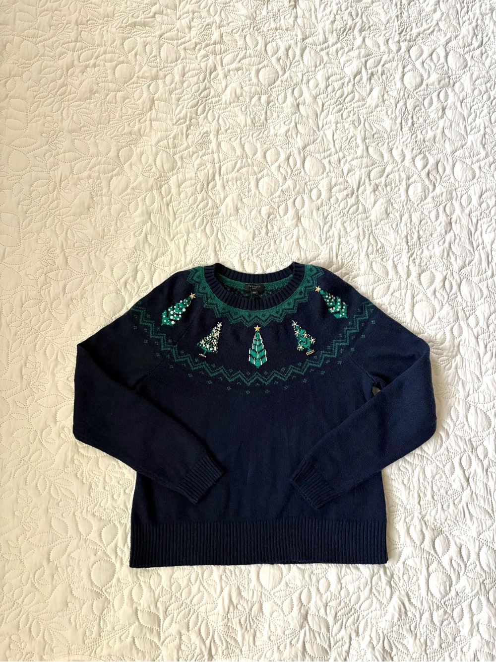 Talbots Christmas Tree Embellished Fair Isle Sweater Navy Green Petite S